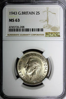 GREAT BRITAIN George VI Silver 1943 2 Shilling NGC MS63 WWII Issue KM# 855 (208)