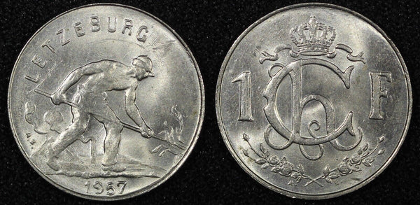 Luxembourg Charlotte Copper-Nickel 1957 1 Franc UNC /BU KM# 46.2 (24 055)