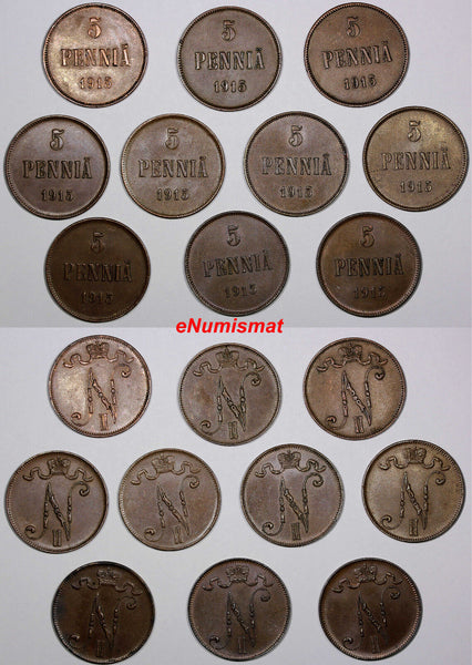 Finland Nicholas II Copper LOT OF 10 COINS 1915  5 Pennia KM# 15  (10 036)