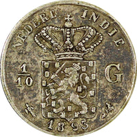 Netherlands East Indies Willem III / Wilhelmina Silver 1893 1/10 Gulden KM304(3)