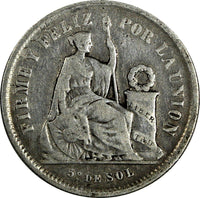 Peru Silver 1865 YB  1/5 Sol Better Date KM# 191 (19 392)