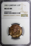 Great Britain Victoria Bronze 1901 1/2 Penny NGC MS65 BN TOP GRADED KM# 789 (37)