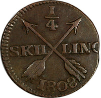 SWEDEN Copper King Gustav IV Adolf 1808 1/4 Skilling KM# 564 (18 558)