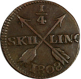 SWEDEN Copper King Gustav IV Adolf 1808 1/4 Skilling KM# 564 (18 558)