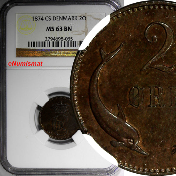 Denmark Christian IX 1874 CS  2 Ore NGC MS63 BN 1st Year For Type KM# 793.1 (035