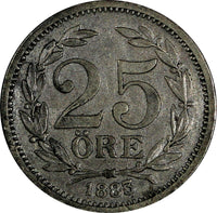 Sweden Oscar II Silver 1883 EB 25 Öre Large Letters VF Condition KM#739 (17 497)