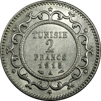 Tunisia Muhammad V Silver 1334 (1915) A 2 Francs aUNC Toned KM# 239 (18 909)