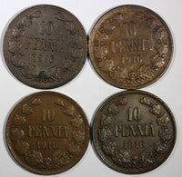 Finland Nicholas II Copper LOT OF 4 COINS 1916 10 Penniä KM# 14 (18 106)