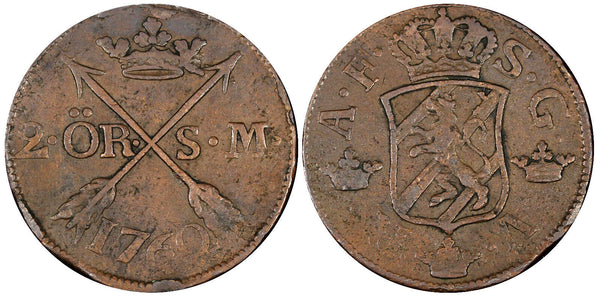 Sweden Adolf Frederick Copper 1760 2 Ore, S.M. Mintage-558,000 KM# 461 (21 348)