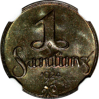 LATVIA Bronze 1924 1 Santims NGC MS63 BN Toning Struck at Switzerland.KM# 1