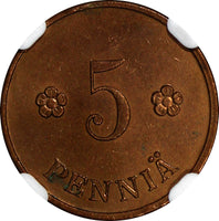 Finland Copper 1928 5 Pennia NGC UNC DETAILS KM# 22