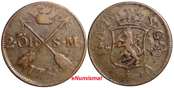 SWEDEN  Adolf Frederick 1751 2 Ore, S.M.Low Mintage353,000 SCARCE KM# 461 (2501)