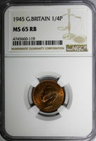 Great Britain George VI Bronze 1945 Farthing NGC MS65 RB RED TONING KM# 843 (19)