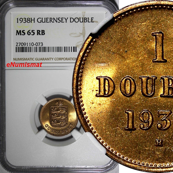 Guernsey Bronze 1938 H Double NGC MS65 RB Mintage-96,000 KM# 11 (073)