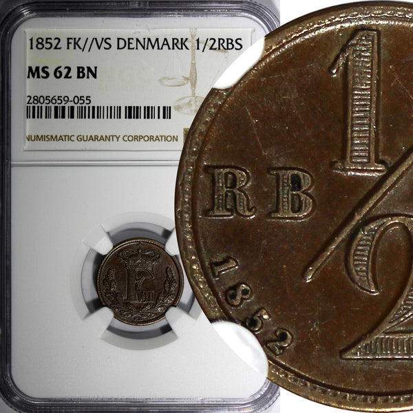 Denmark Frederik VII 1852 FK VS 1/2 Rigsbankskilling NGC MS62 BN KM# 753 (055)