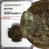 MEXICO Bronze 1927 MO 5 Centavos NGC MS65 BN NICE TONING KM# 422 (015)