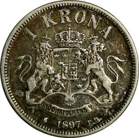 Sweden Oscar II Silver 1897 EB 1 Krona VF Condition Mintage-735,391 KM# 760