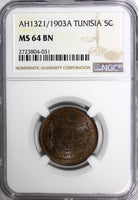 TUNISIA Muhammad al-Hadi Bey AH1321/1903A 5 Centimes NGC MS64 BN  KM# 228 (031)