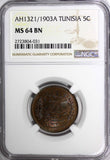 TUNISIA Muhammad al-Hadi Bey AH1321/1903A 5 Centimes NGC MS64 BN  KM# 228 (031)