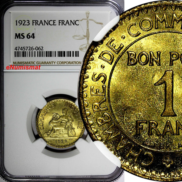 FRANCE Aluminum-Bronze 1923 1 Franc NGC MS64 GAD-468 KM# 876 (062)
