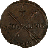 SWEDEN Carl XIV Johan Copper 1819 1/4 Skilling 26 mm 1st Year Type KM# 595 (924)