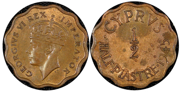 Cyprus George VI Bronze 1945 1/2 Piastre Better Date WW2 Issue aUNC KM# 22a (9)