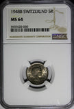 Switzerland Copper-Nickel 1948 B 5 Rappen NGC MS64  HELVETICA KM#26 (050)