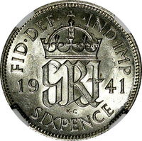 GREAT BRITAIN George VI Silver 1941 6 Pence NGC AU58  KM# 852