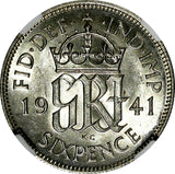 GREAT BRITAIN George VI Silver 1941 6 Pence NGC AU58  KM# 852