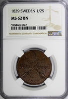 Sweden Carl XIV Johan Copper 1829 1/2 Skilling NGC MS62 BN TOP GRADED KM#596(2)