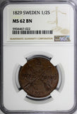 Sweden Carl XIV Johan Copper 1829 1/2 Skilling NGC MS62 BN TOP GRADED KM#596(2)