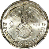 Germany-Third Reich Silver 1939 A 2 Reichs Mark NGC MS64 Hindenburg KM# 93 (032)