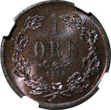 SWEDEN Oscar I Bronze 1858 1 Ore NGC MS64 BN  VARIETY "L.A." KM# 687 (056)