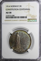 NORWAY SILVER 1914 2 Kroner NGC AU58 Constitution Centennial .NICE TONED KM# 377