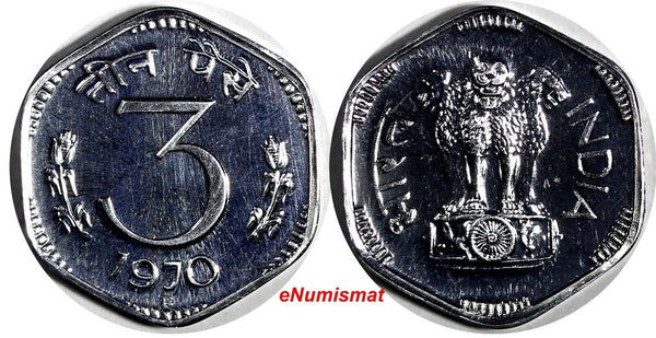 India-Republic Aluminum PROOF 1970 B 3 Paise  Mumbai Mint KM# 14.2 (14 995)