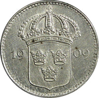 SWEDEN Gustaf V Silver 1909 W 10 Öre  1st Date SCARCE KM# 780 (21 914)