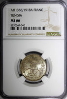 Tunisia Silver AH1336 1918 A 1 Franc NGC MS66 GEM BU Toned SCARCE KM# 238 (040