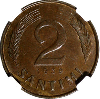 Latvia Bronze 1939 2 Santimi NGC MS62 BN 1 YEAR TYPE KM# 11.2 (123)