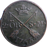 SWEDEN COPPER Adolf Frederick 1763 2 Ore,S.M  Low Mintage:401,000 KM#461(2375)