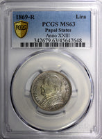 Italy PAPAL STATES  Pius IX Silver 1869-R 1 Lira PCGS MS63 KM# 1387 (48)