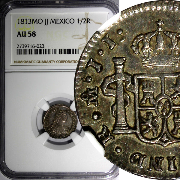 Mexico SPANISH Fernando VII Silver 1813 Mo JJ 1/2 Real NGC AU58 TONED KM#73 (23)