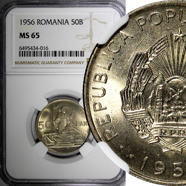 Romania 1956 50 Bani NGC MS65 25 mm 2 Years Type BU COIN KM# 86 (016)
