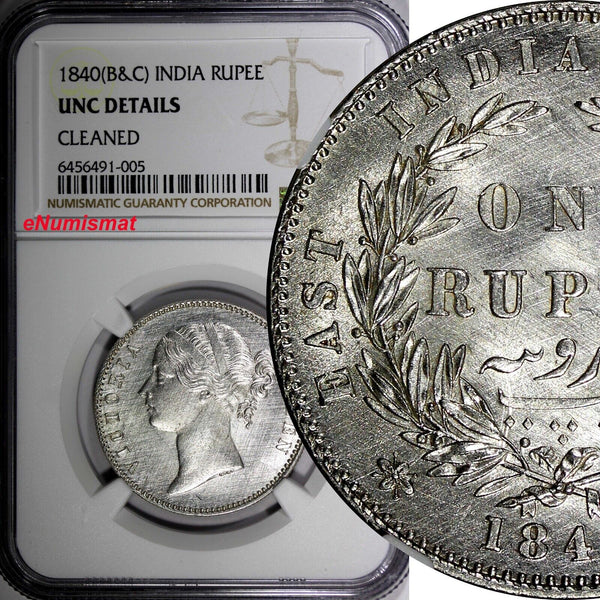 India-British Victoria Silver 1840 B&C Rupee NGC UNC DETAILS  KM458.2 (005)