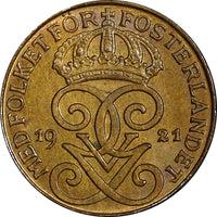 SWEDEN Gustaf V Bronze 1921 1 Öre BU Condition KM# 777.2 (21 920)