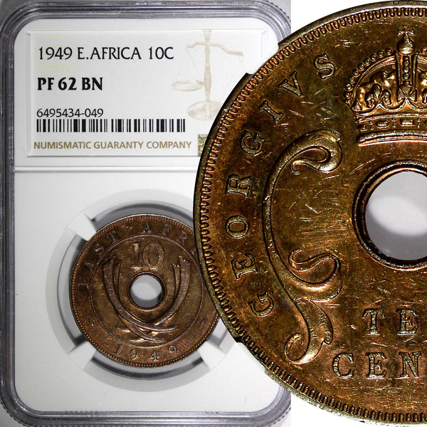 East Africa Bronze PROOF 1949 10 Cents NGC PF62 BN 1 GRADED HIGHEST KM# 34 (49)