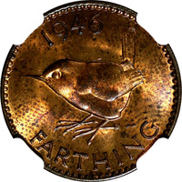 Great Britain George VI Bronze 1946 Farthing NGC MS63 RB RED TONING KM# 843