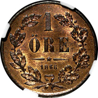 Sweden Carl XV Adolf 1866 1 Ore NGC MS64 RB Mint-327,000 TOP GRADED KM# 705 (55)