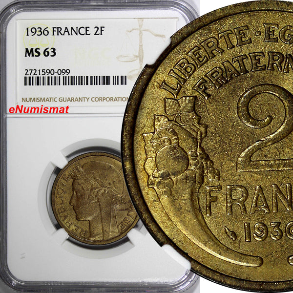 France Aluminum-Bronze 1936 2 Francs NGC MS63 TOP GRADED BY NGC KM# 886 (099)