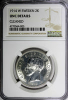 SWEDEN Gustaf V Silver 1914-W 2 Kronor NGC UNC DETAIL BETTER SCARCE DATE KM# 787