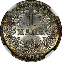 Germany - Empire Wilhelm II Silver 1914 J 1 Mark NGC MS63 Nice Toned KM# 14(062)